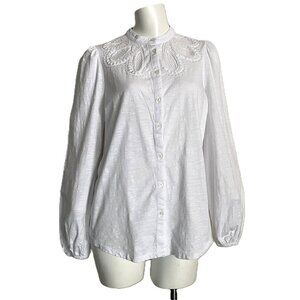 Boden Shirt Sz 8 White Embroidered Beaded Eyelet Lace Coastal Cottage Cotton Top
